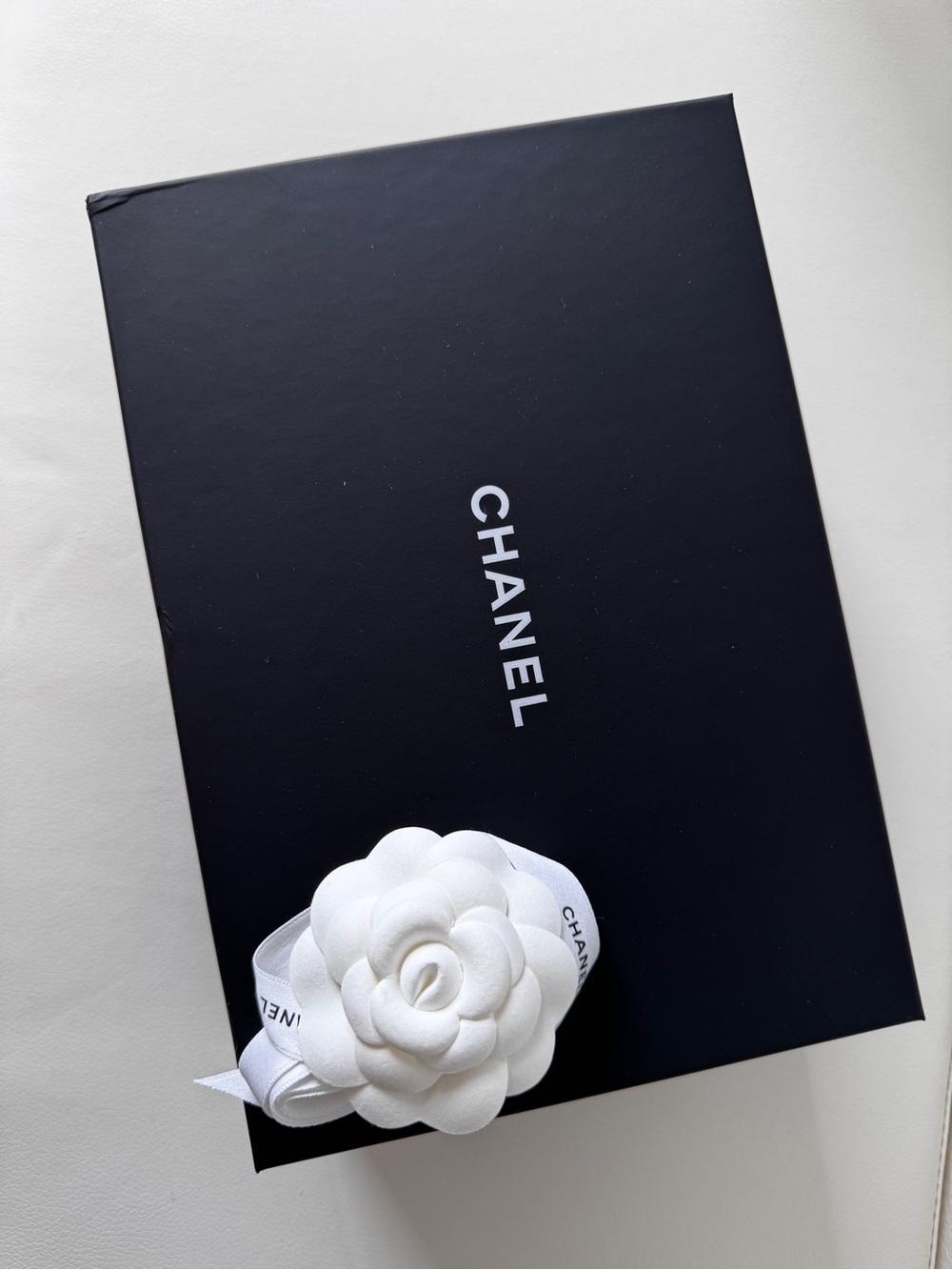 CHANEL Black Gift Box with White Camellia & Printed Ribbon